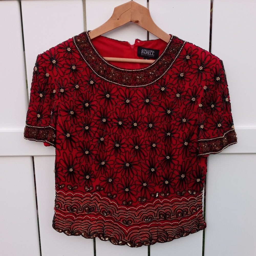Adrianna Papell Red Jeweled 💯% Silk Blouse ♥️✌️♥️